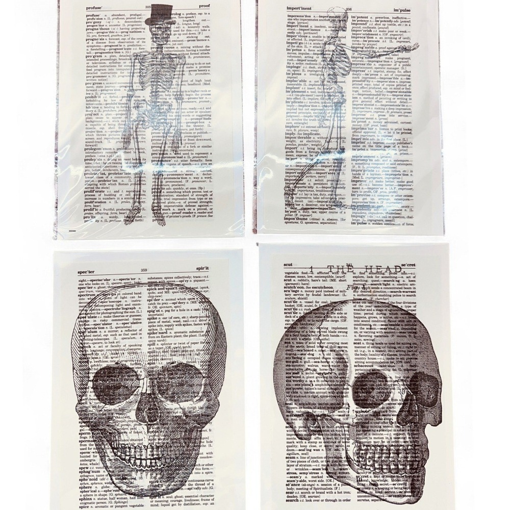 Skeleton Skull Spooky Upcycled Dictionary Art Prints Lot 4 Mini Poster Set‎ OOAK